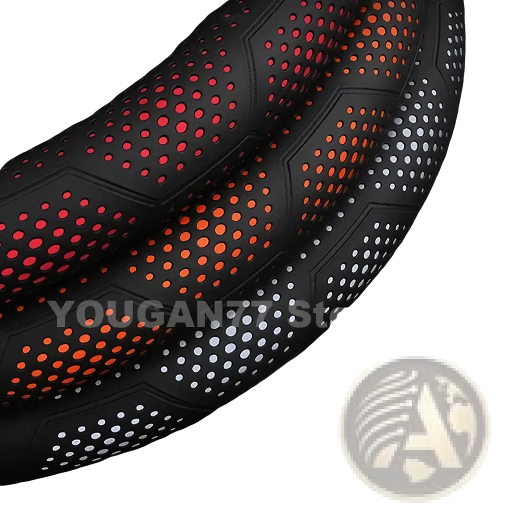 Black ultra-thin leather steering wheel cover with red orange white 3d perforated design for Leapmotor T03