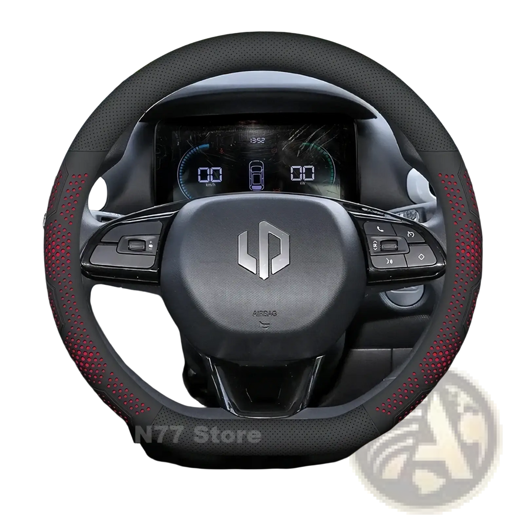 Leapmotor T03 leather steering wheel cover in black and red with perforated design and textured grip for enhanced control