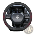 Leapmotor T03 leather steering wheel cover in black and red with perforated design and textured grip for enhanced control