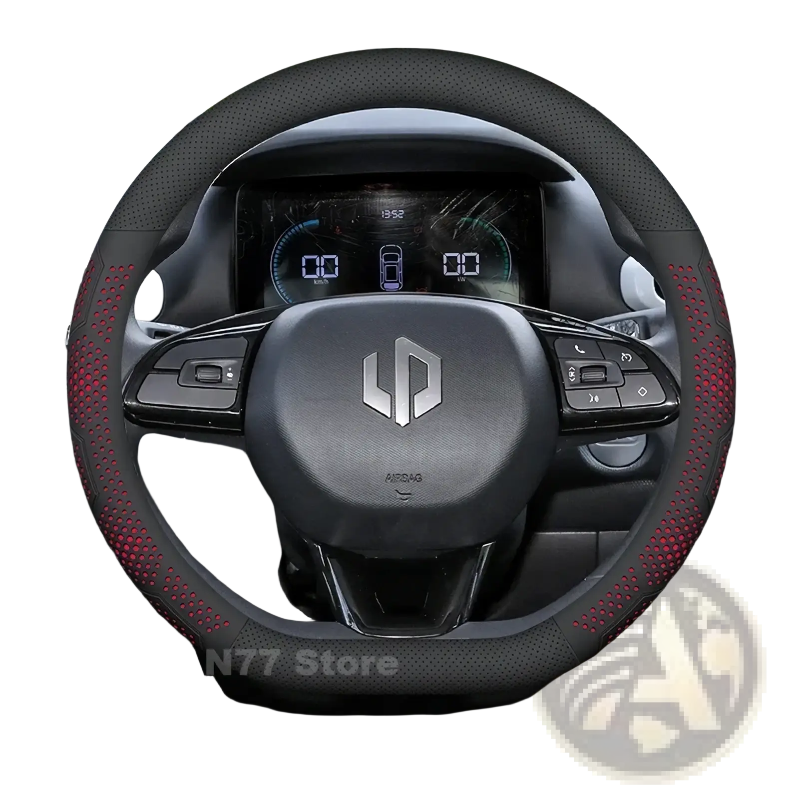 Leapmotor T03 leather steering wheel cover in black and red with perforated design and textured grip for enhanced control