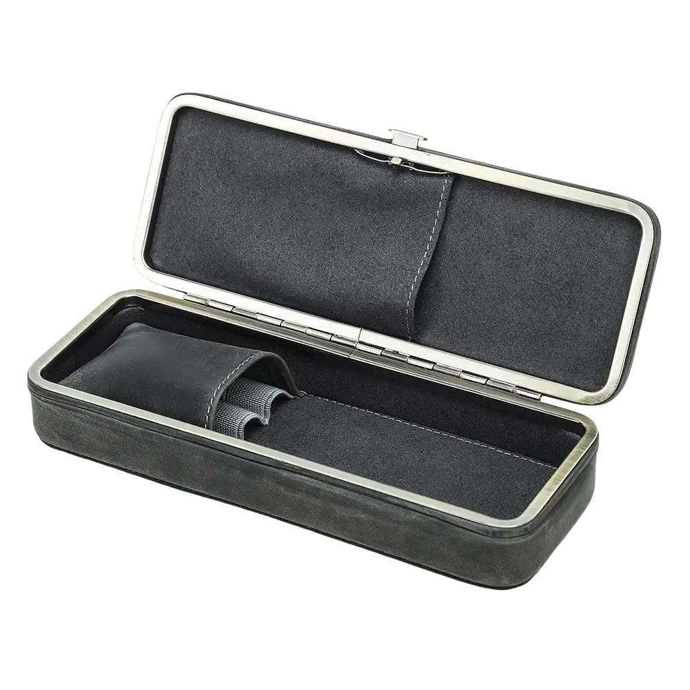 Black leather 3 slot pen case with silver metal frame and interior lining designed to hold glasses and stationery