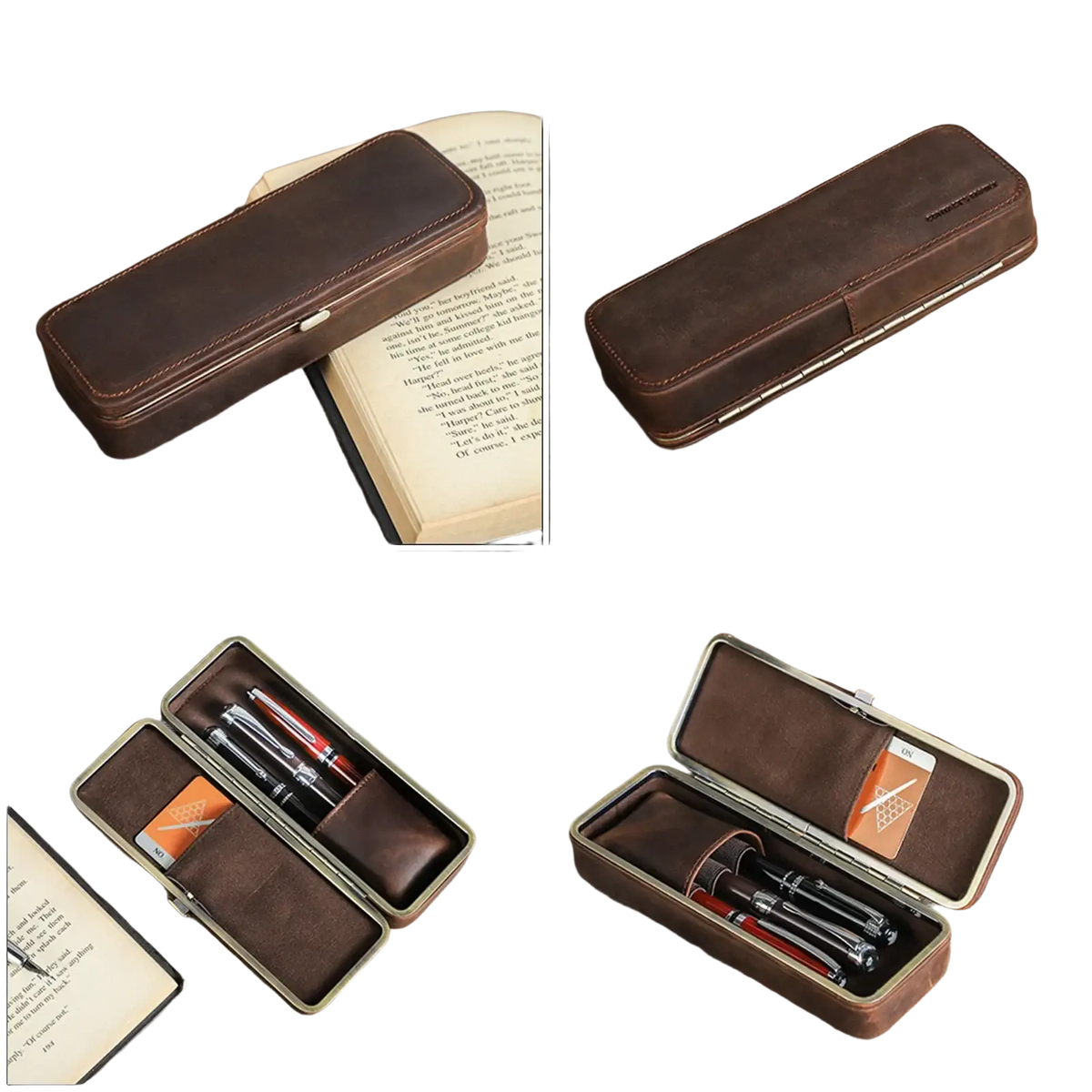 Brown leather 3 slot pen case with metal clasp holding two red and black fountain pens for retro stationery organization