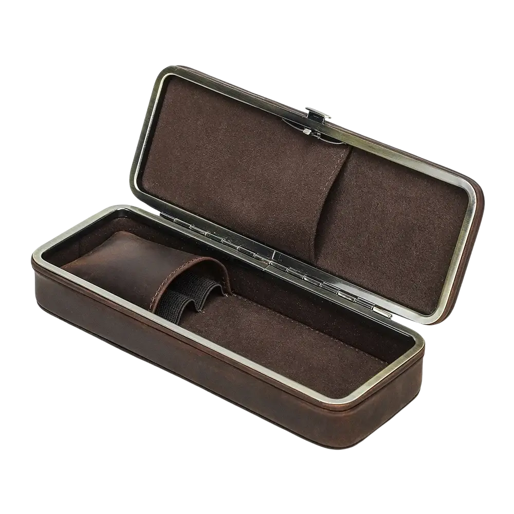 Brown leather 3 slot pen case with silver metal frame and suede interior for retro stationery organization