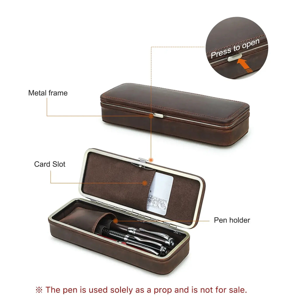 Brown leather 3 slot pen case with metal frame and card slot for retro stationery organization
