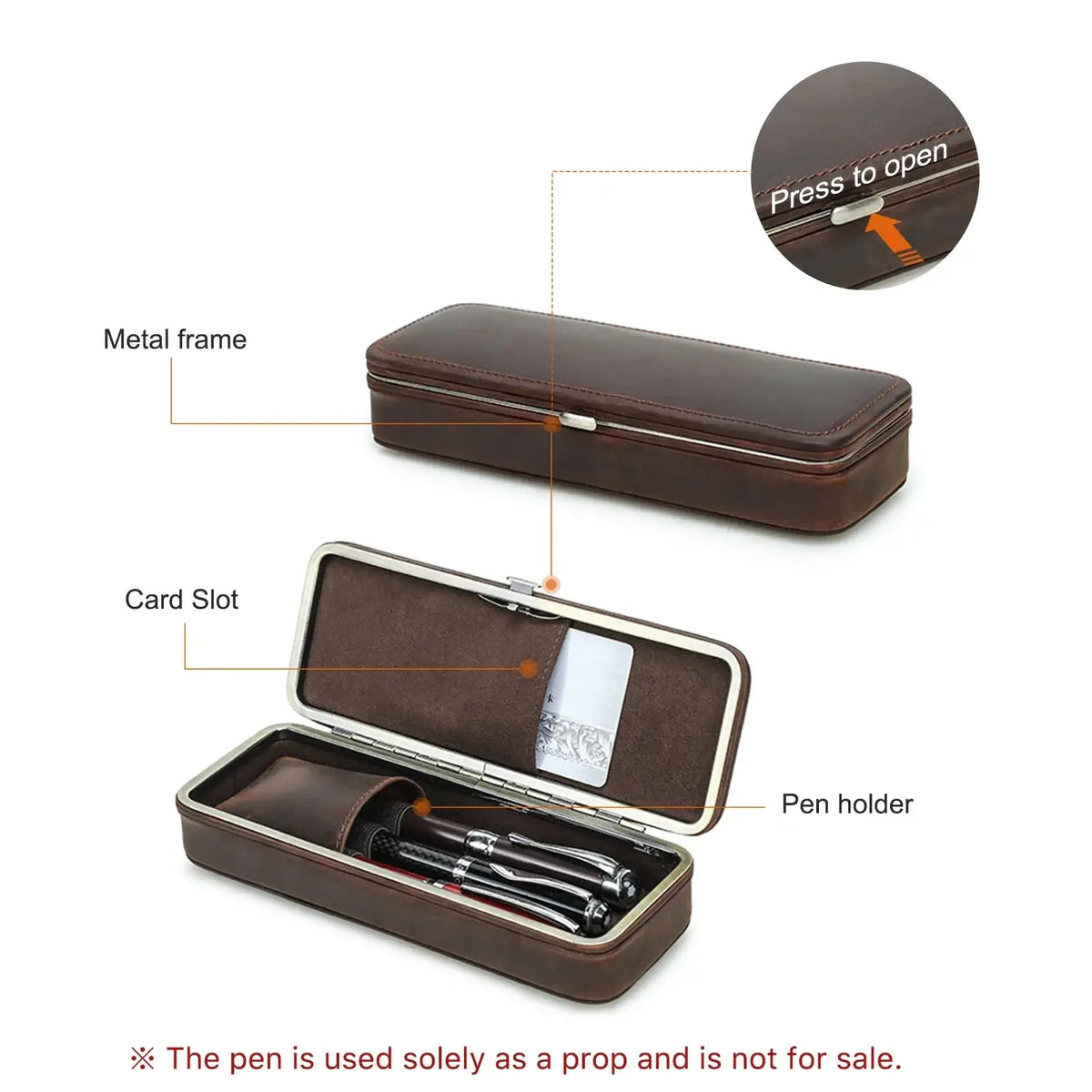 Brown leather 3 slot pen case with metal frame and card slot for retro stationery organization