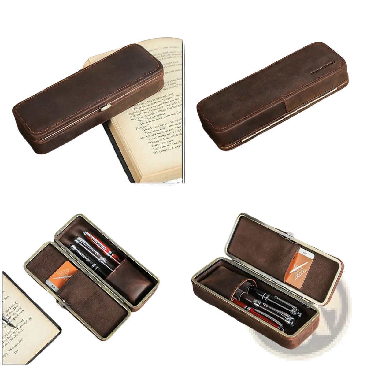 Brown leather 3 slot pen case with metal clasp holding two red and black fountain pens for retro stationery organization