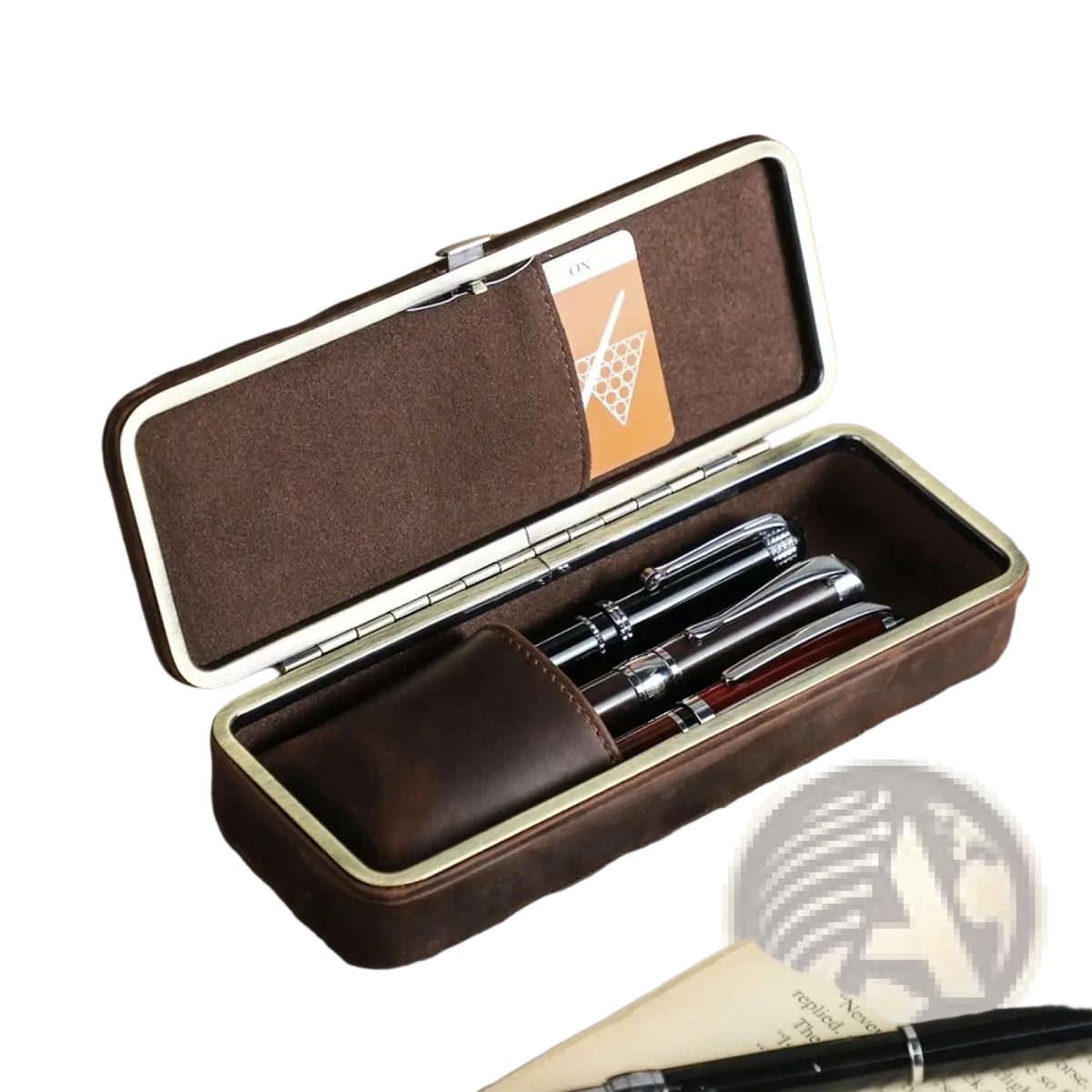 Brown leather 3 slot pen case with silver trim holding three fountain pens and a matching leather pouch