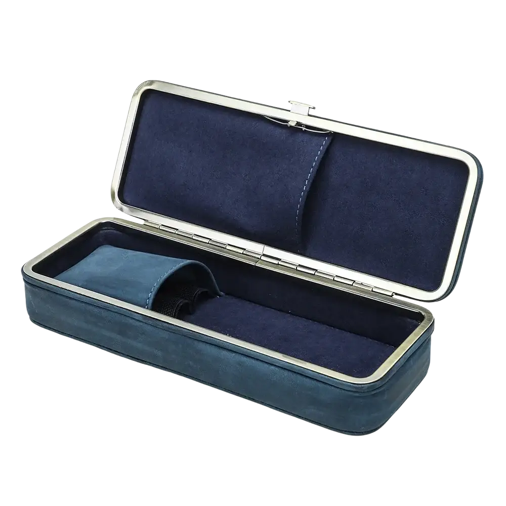 Deep blue leather 3 slot pen case with silver toned metal frame and interior lining for retro stationery organization