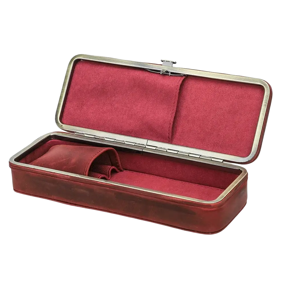 Red leather 3 slot pen case with silver toned metal frame and interior lining for retro stationery organization