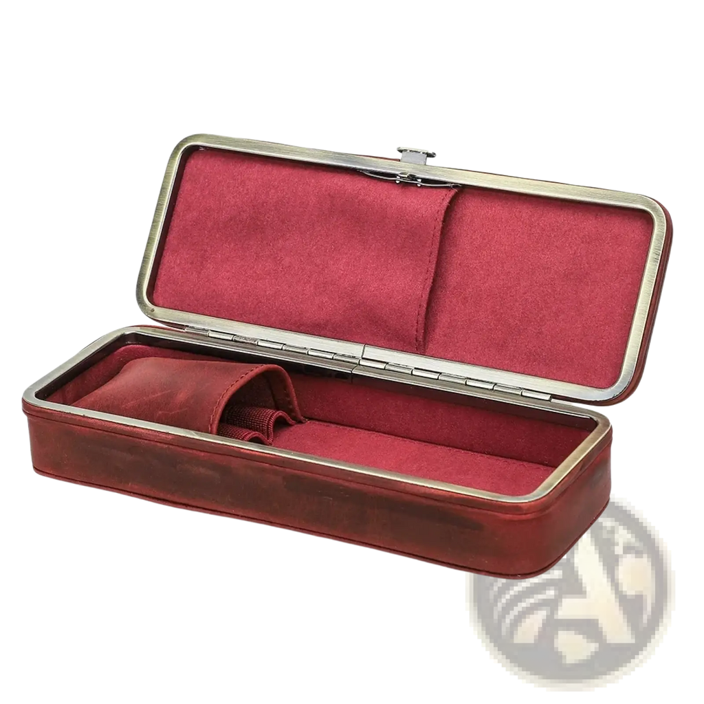 Red leather 3 slot pen case with silver toned metal frame and interior lining for retro stationery organization
