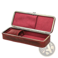 Red leather 3 slot pen case with silver toned metal frame and interior lining for retro stationery organization
