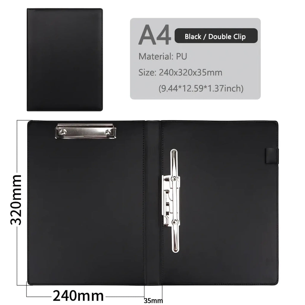 Leather A4 executive clipboard folder document holder in black PU material with double clip mechanism