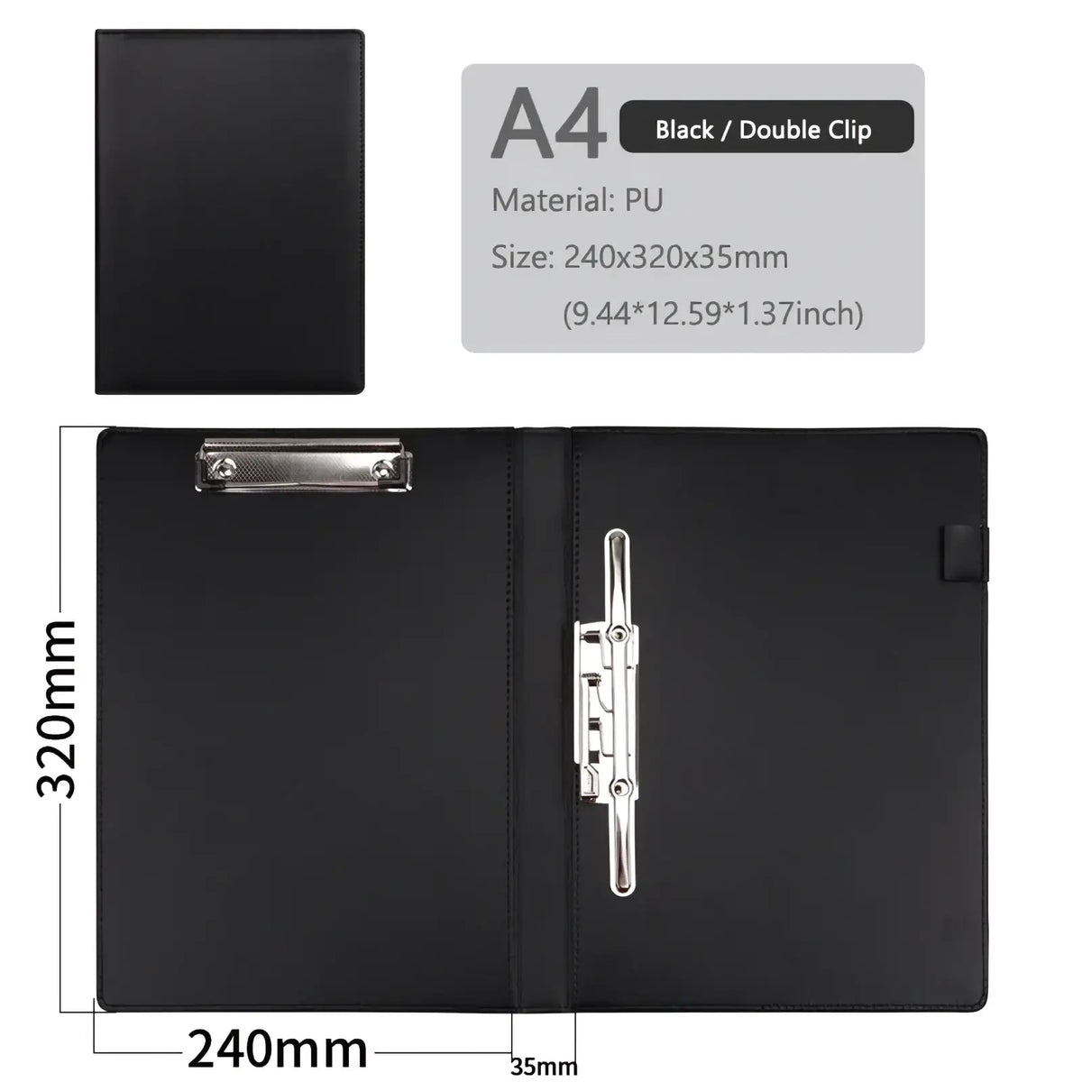 Leather A4 executive clipboard folder document holder in black PU material with double clip mechanism