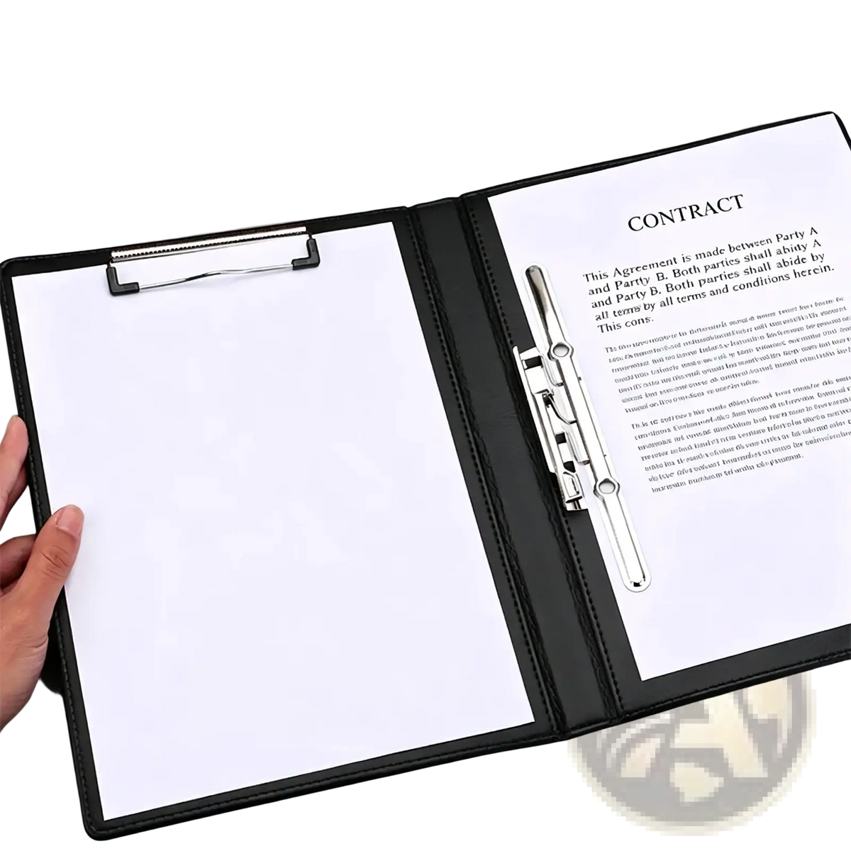 Black leather A4 executive clipboard folder with silver metal clip holding a contract document for professional use