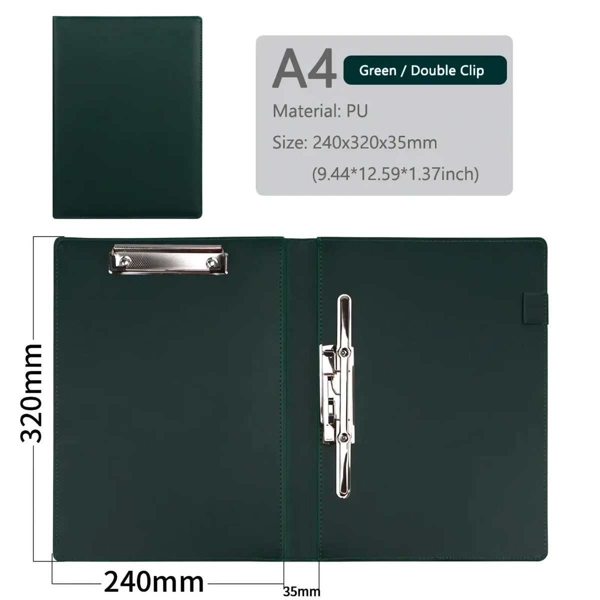Dark green leather a4 executive clipboard folder with pu leather cover and silver double clip mechanism