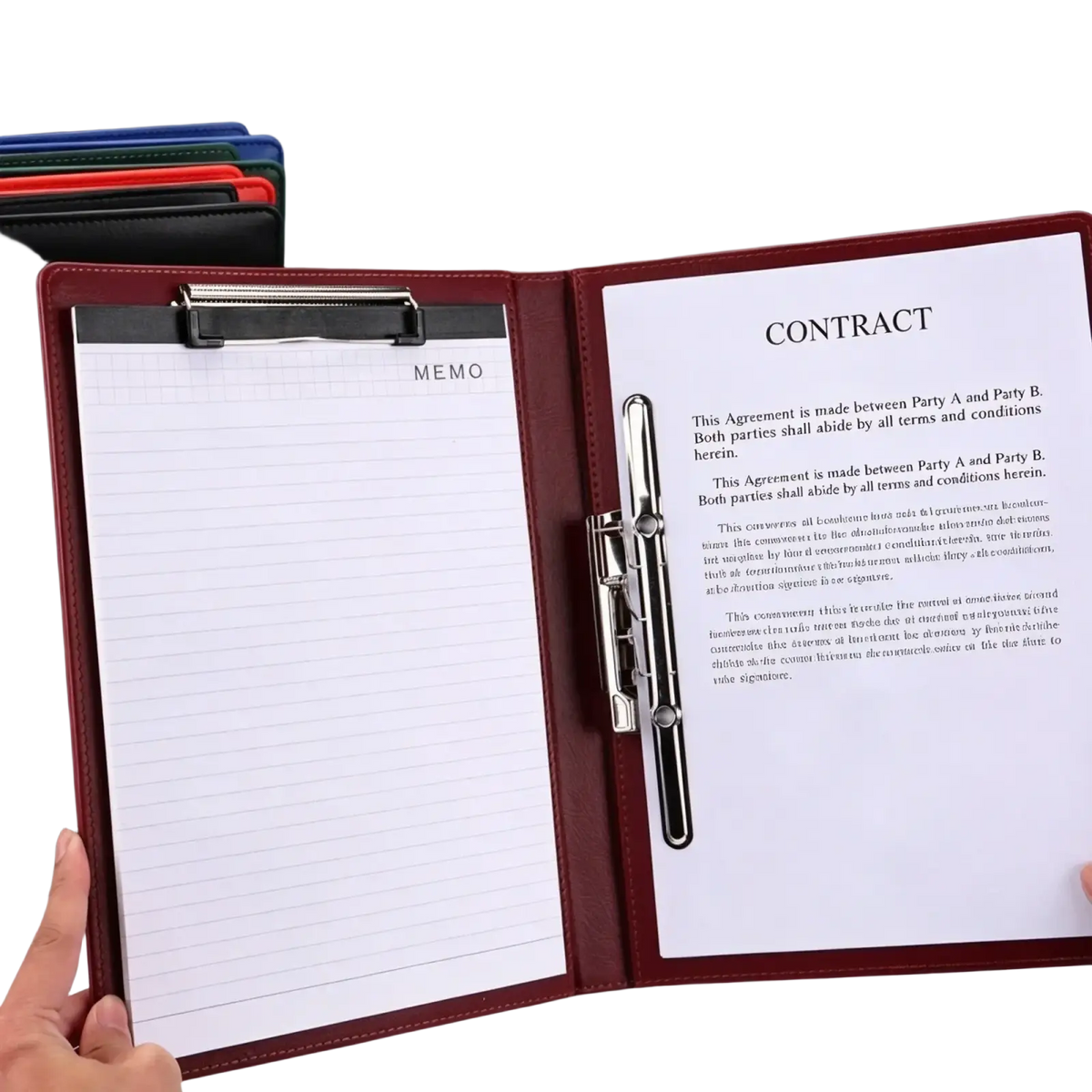 Maroon leather a4 executive clipboard folder with silver metal clip and lined memo pad inside for document holding