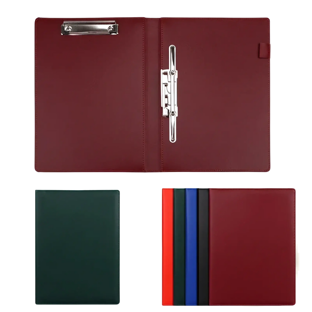 Maroon leather A4 executive clipboard folder with silver metal clip and hinge for document holding and organization