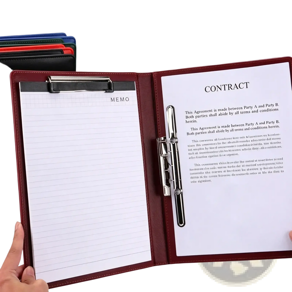 Maroon leather a4 executive clipboard folder with silver metal clip and lined memo pad inside for document holding