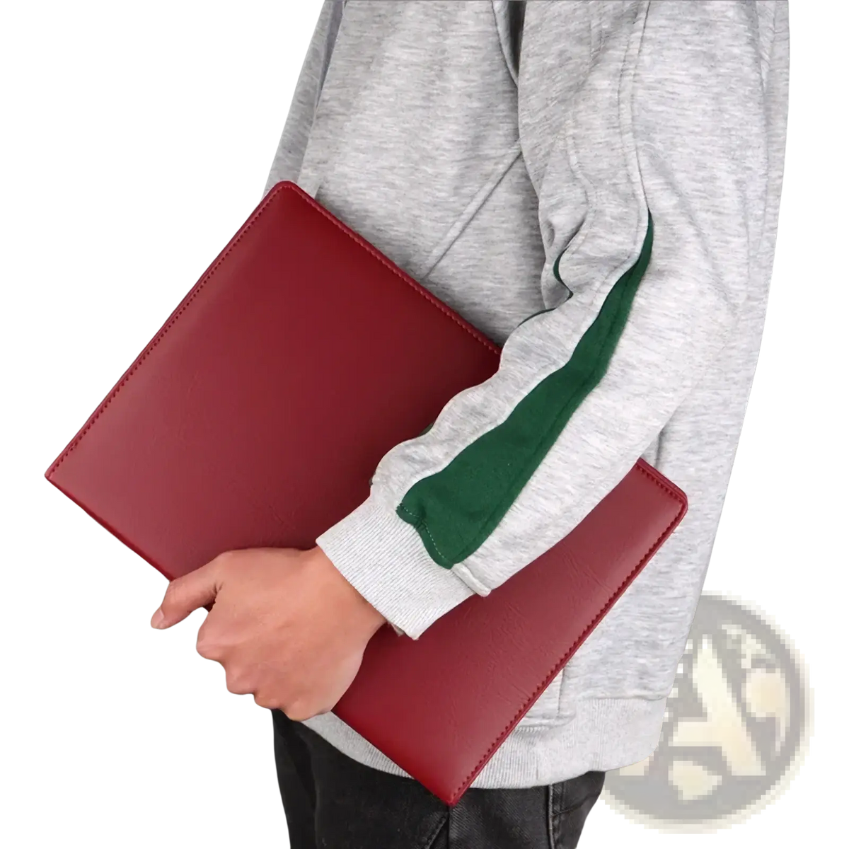 Red leather a4 executive clipboard folder document holder with stitched edges designed as a laptop sleeve