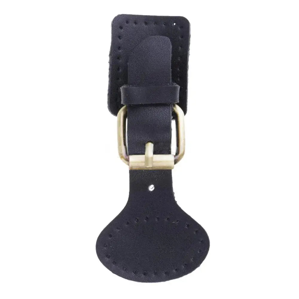 Handcrafted oval leather hook fastener with black leather strap perforated detailing and brass hardware buckle