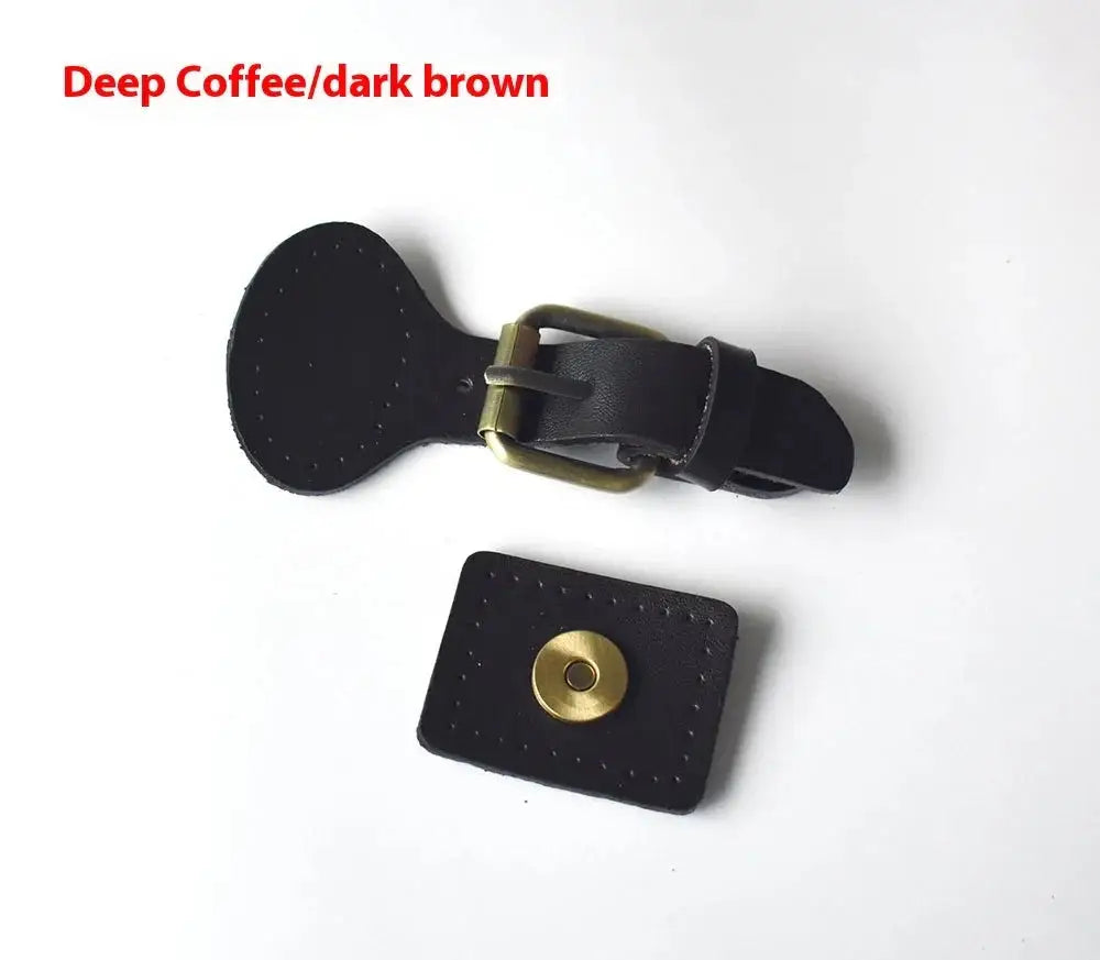 Black leather strap with brass buckle and rectangular magnetic closure handcrafted oval leather hook fasteners