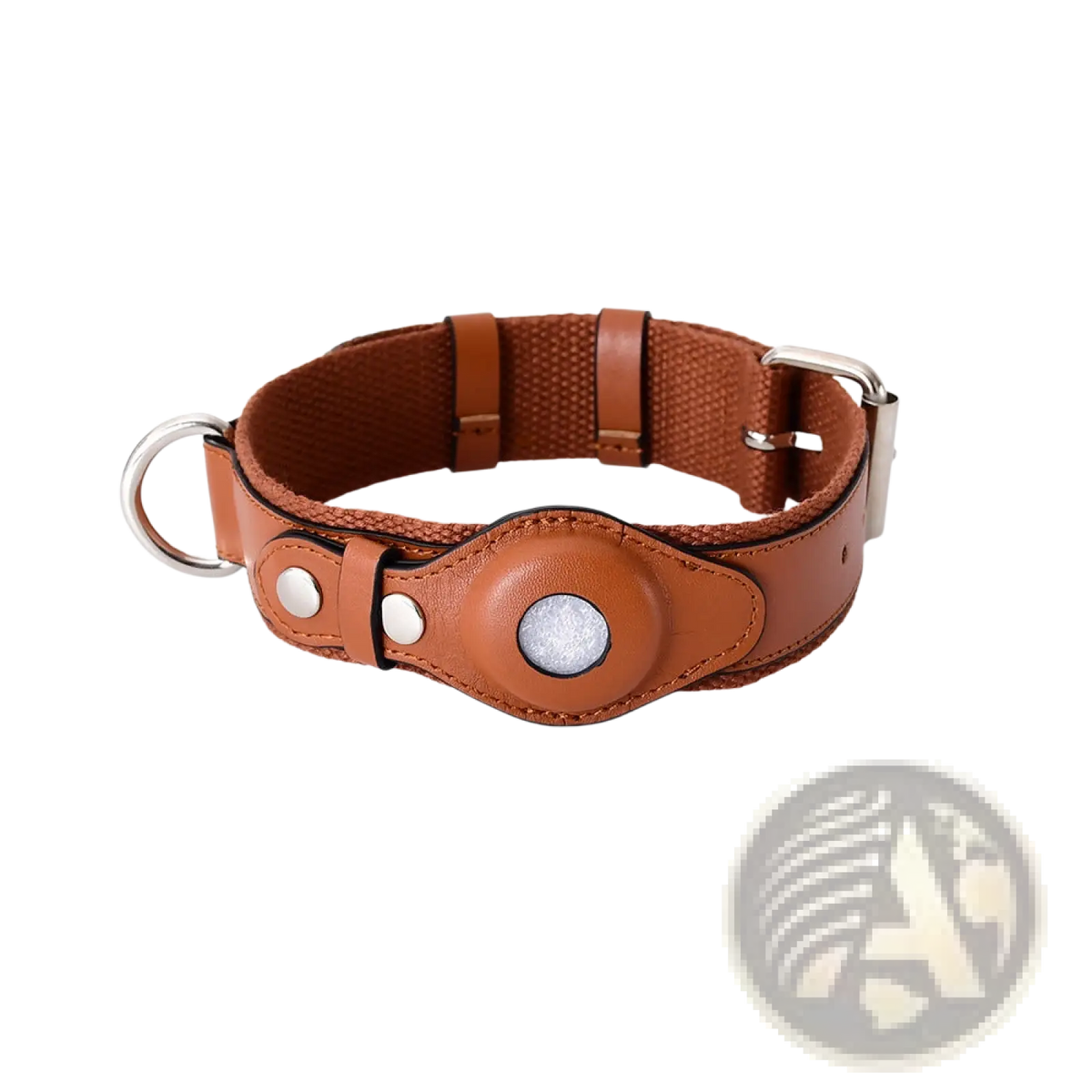 Brown leather dog collar with circular silver-toned airtag tracker holder for pet protection in pink design