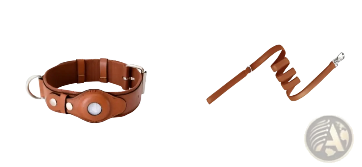 Brown leather Airtag dog collar with silver metal hardware and circular decorative plates for pet tracker protection