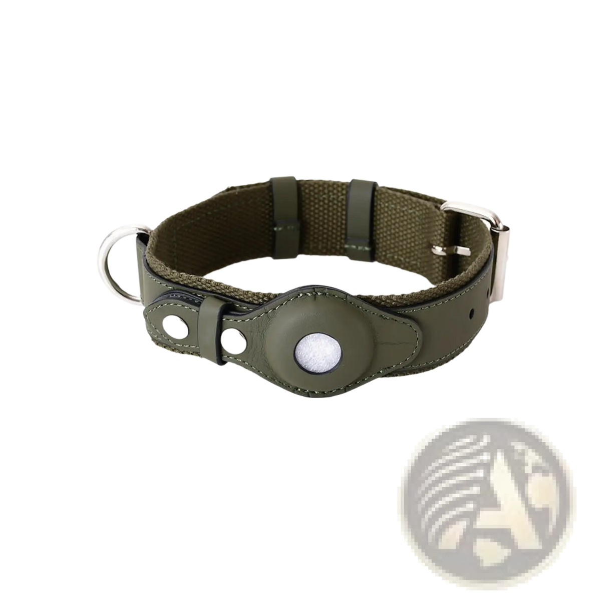 Olive green canvas dog collar with leather accent and silver metal hardware for protective airtag pet tracking