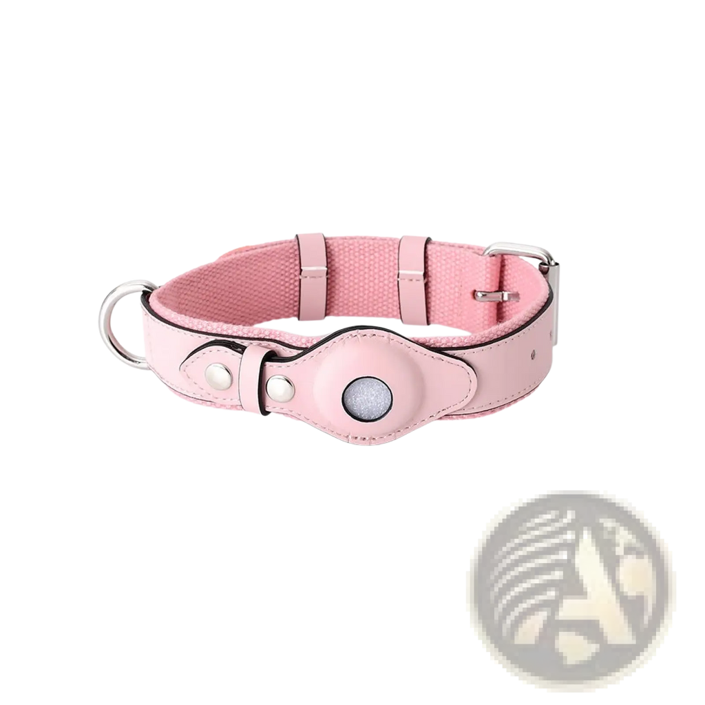 Pink leather dog collar with a circular silver airtag tracker embedded in the center for pet tracking protection