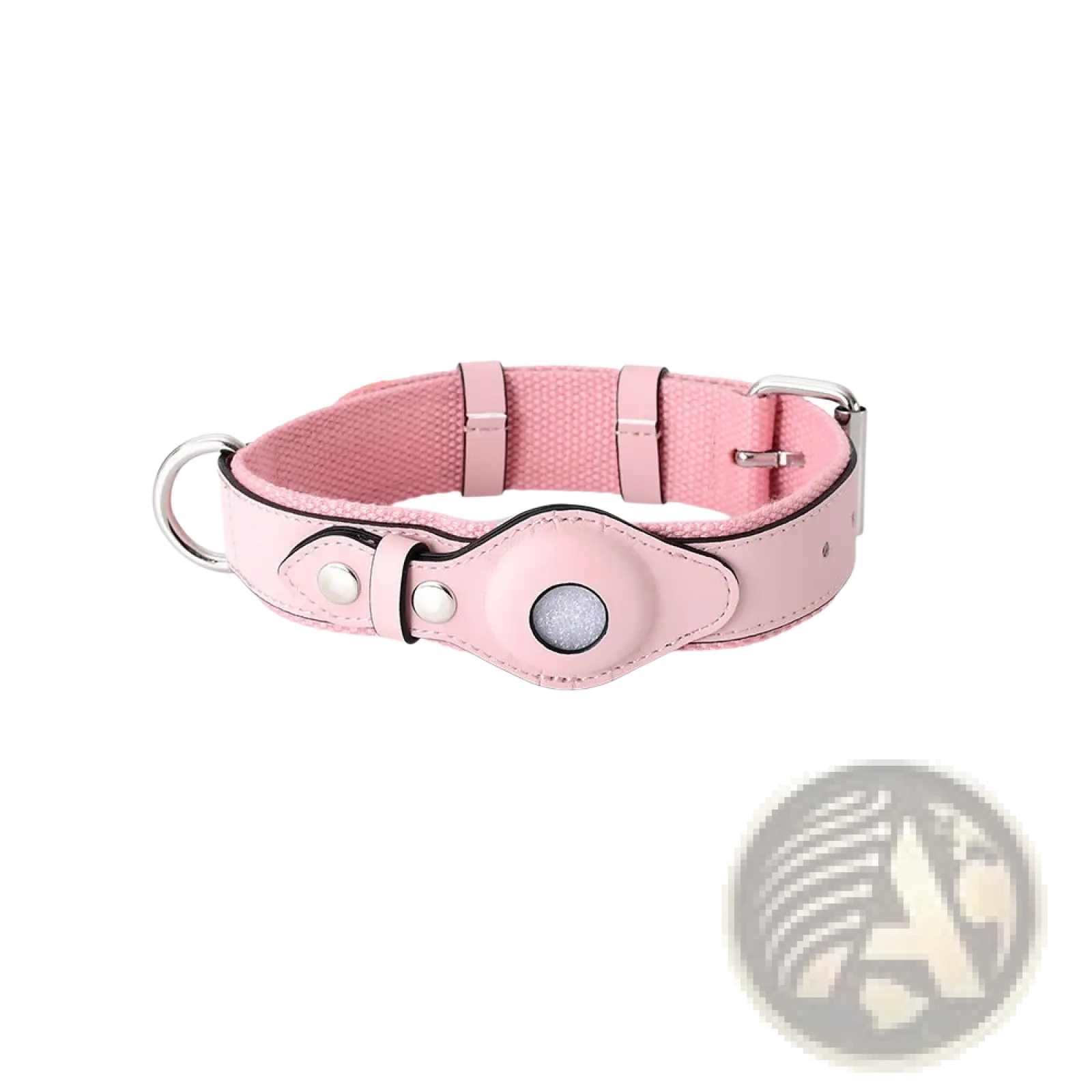 Pink leather dog collar with a circular silver airtag tracker embedded in the center for pet tracking protection