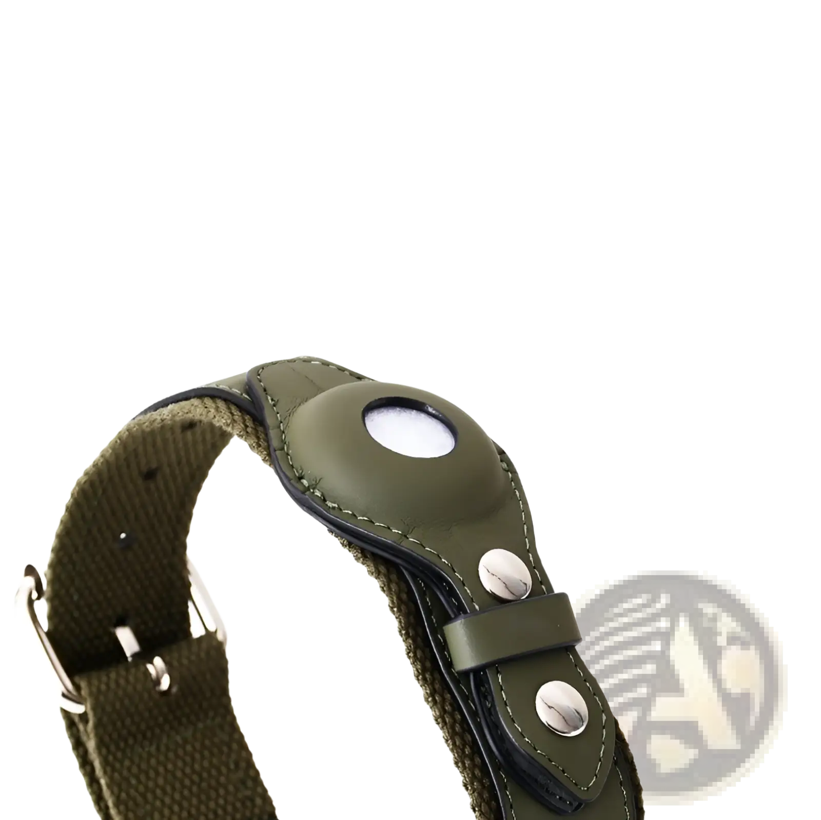 Olive green leather and canvas air tag dog collar with silver hardware for protective pink pet tracker holder use
