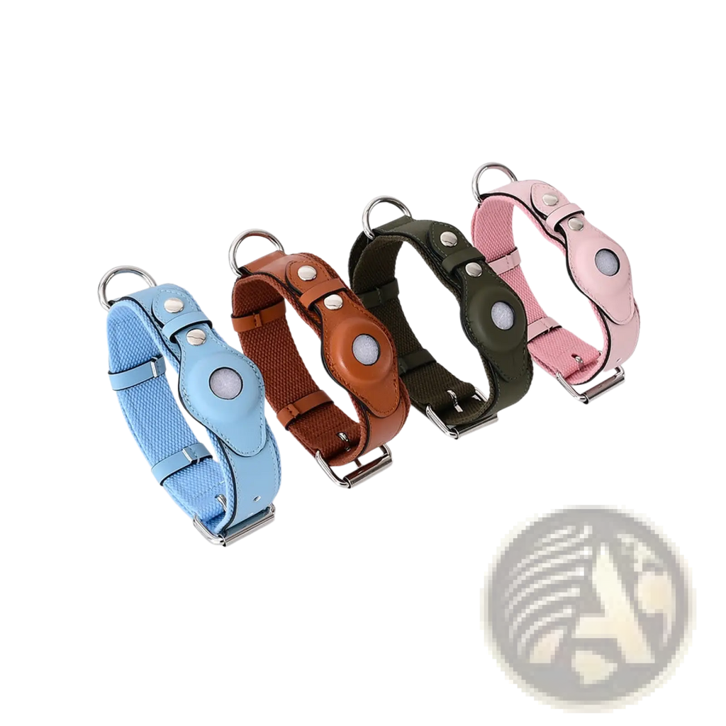 A set of leather airtag dog collars in blue brown black and pink with silver hardware and built-in pet tracker holders