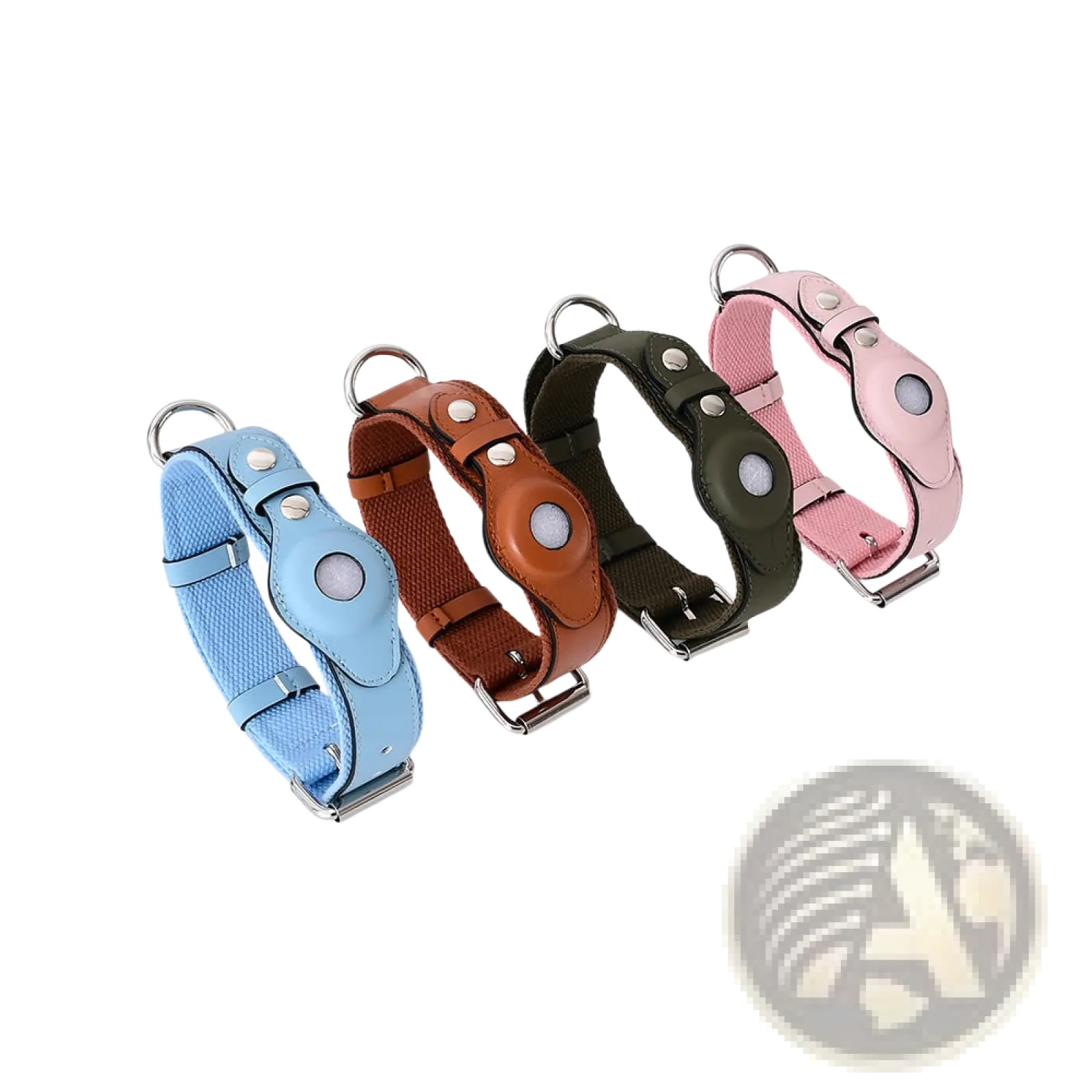A set of leather airtag dog collars in blue brown black and pink with silver hardware and built-in pet tracker holders
