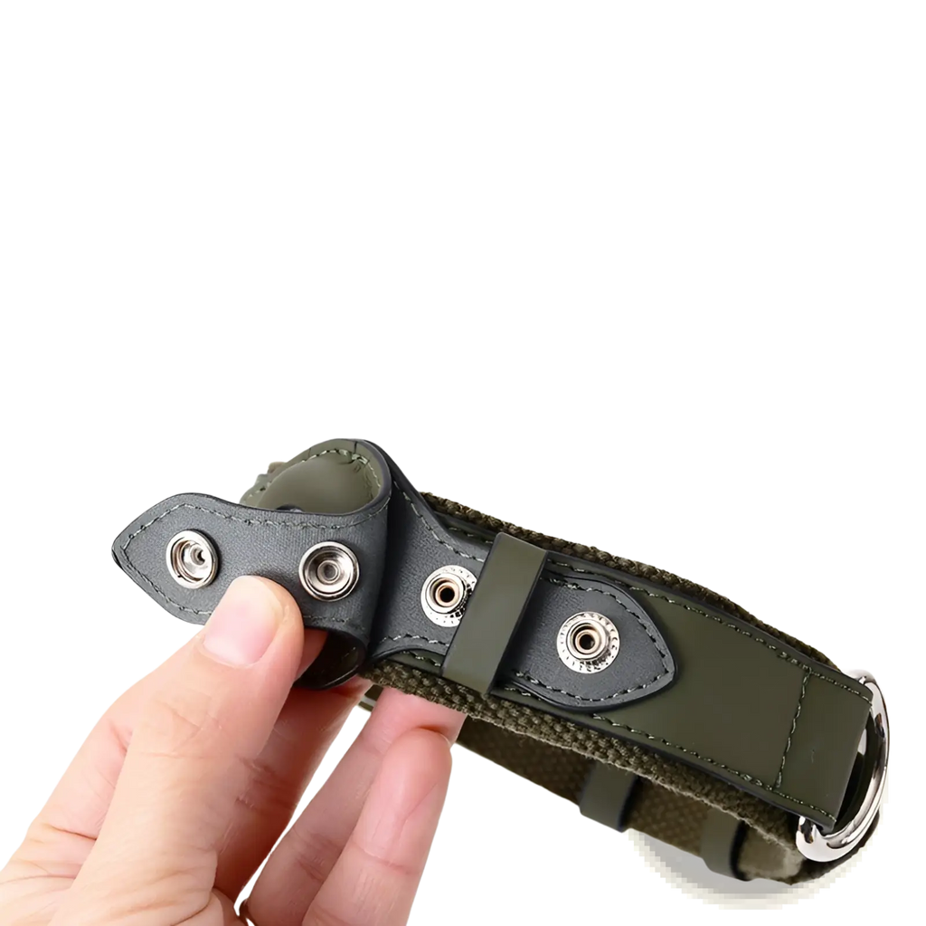 Olive green woven dog collar with black leather accents and silver hardware designed as a protective airtag holder