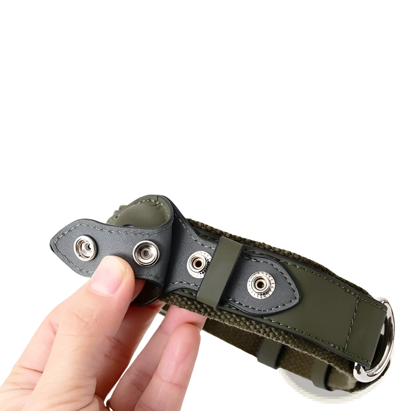 Olive green woven dog collar with black leather accents and silver hardware designed as a protective airtag holder