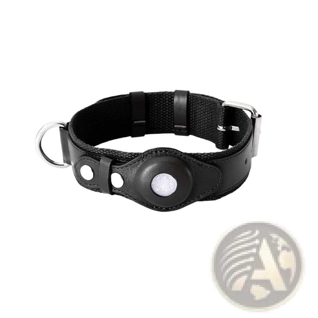 Black leather dog collar with silver hardware and circular metal airtag holder for protective pet tracking