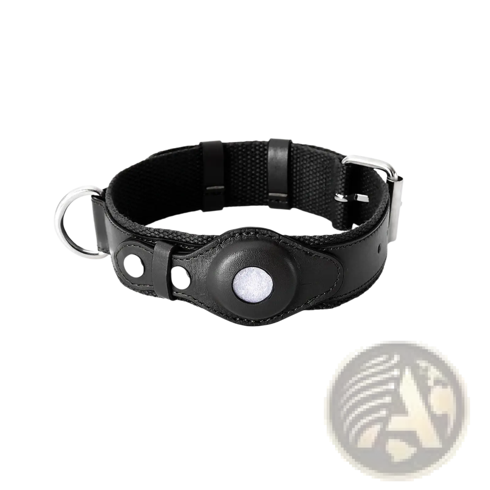 Black leather dog collar with silver hardware and circular metal airtag holder for protective pet tracking