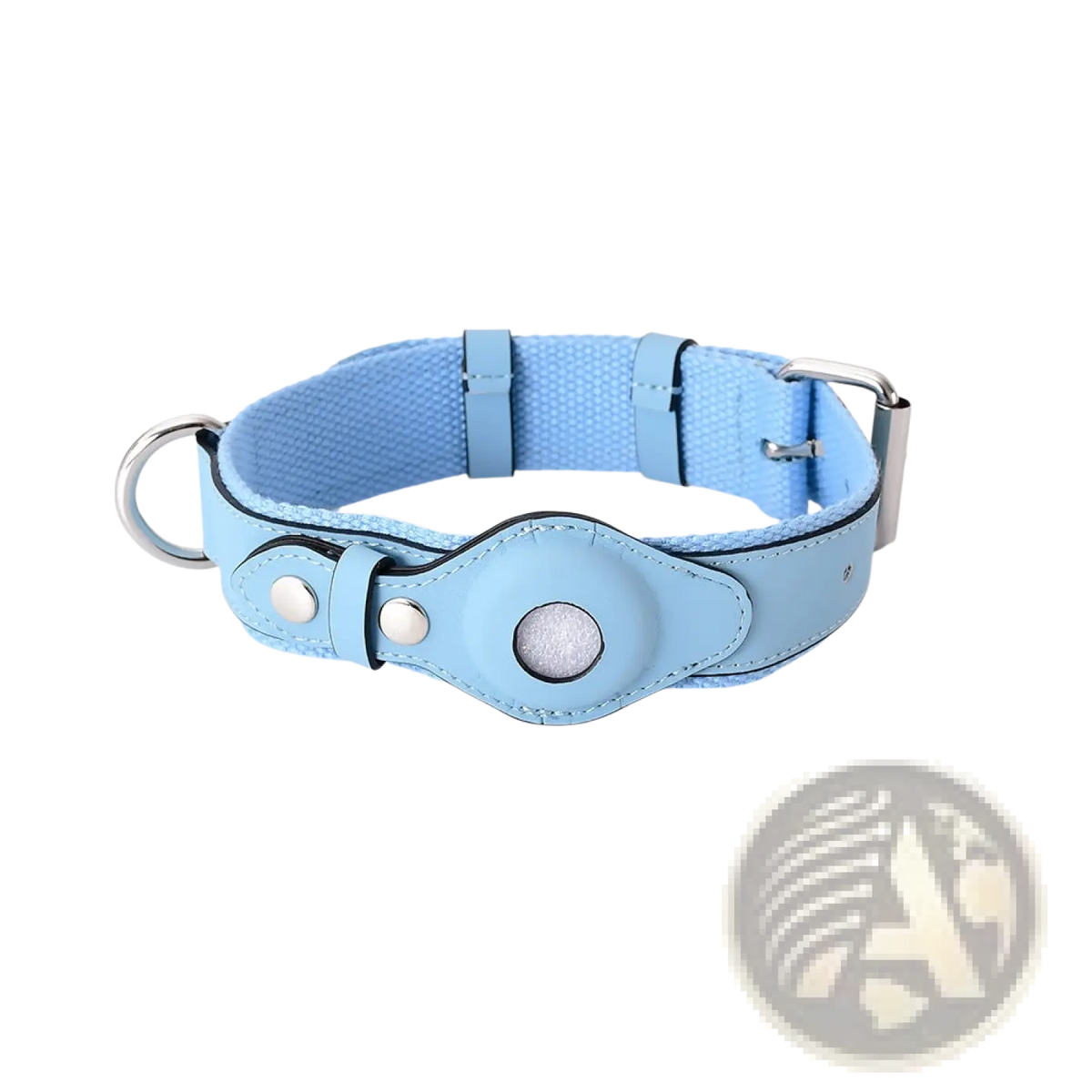 Light blue fabric dog collar with leather accent and silver hardware designed as a protective airtag holder