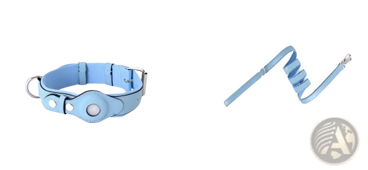 Light blue leather dog collar with silver metal hardware and circular buckle for Airtag pet tracker protection