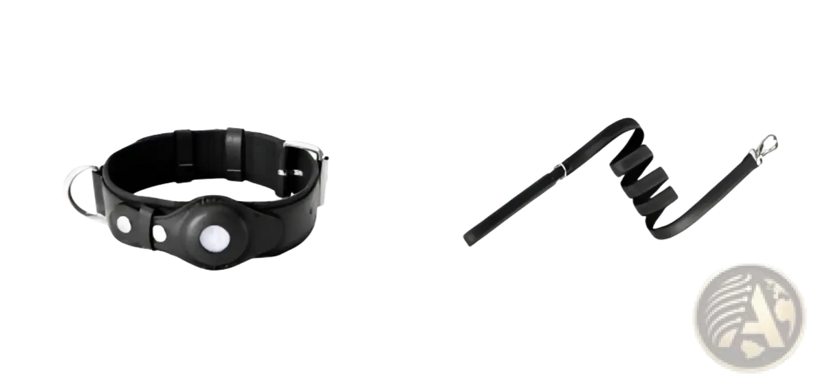 Black leather airtag dog collar with silver metal hardware and circular studs protective pink pet tracker holder