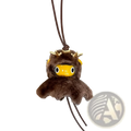 Brown leather plush reindeer keychain with gold antlers and yellow face as a cute designer bag charm accessory