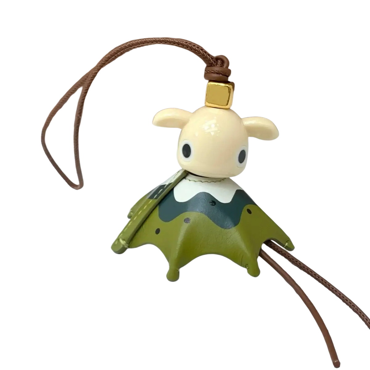 Cream-colored ceramic leather animal bag charm with green leather-like wings and gold-tone square clasp keychain