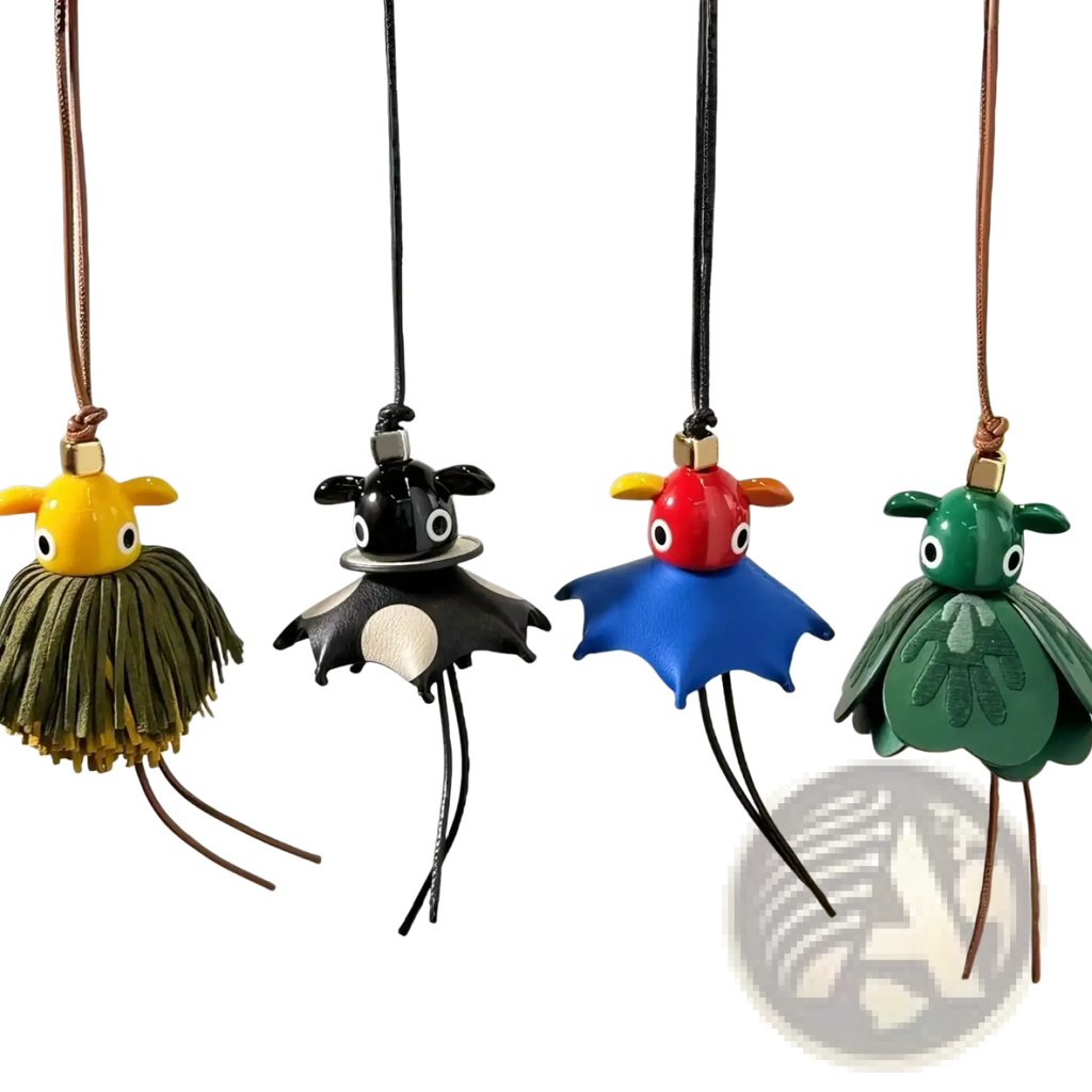 Leather animal bag charm cute designer keychain featuring four colorful handcrafted leather whimsical creature keychains