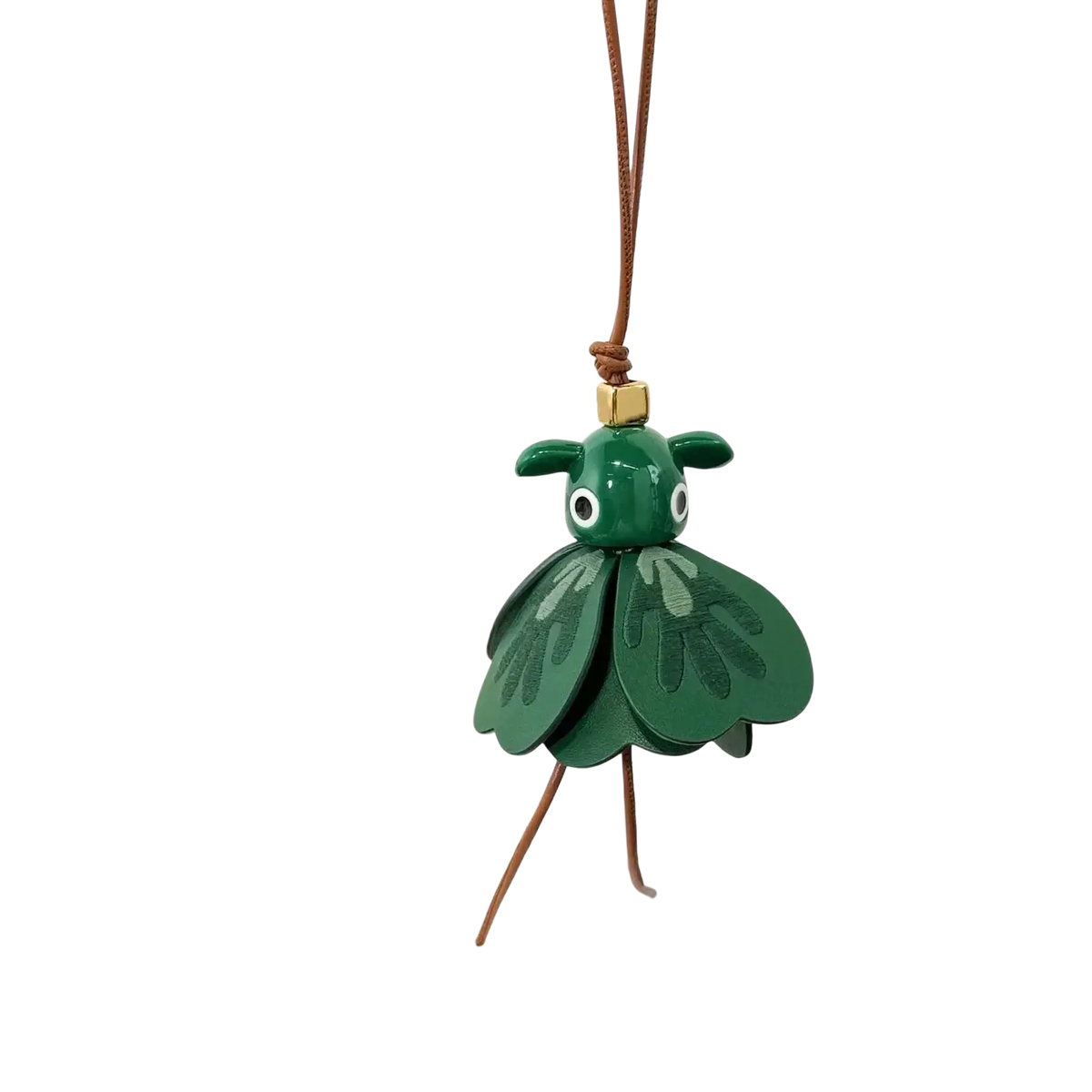 Green leather beetle-shaped keychain with gold-tone clasp and brown cord for leather animal bag charm designer use