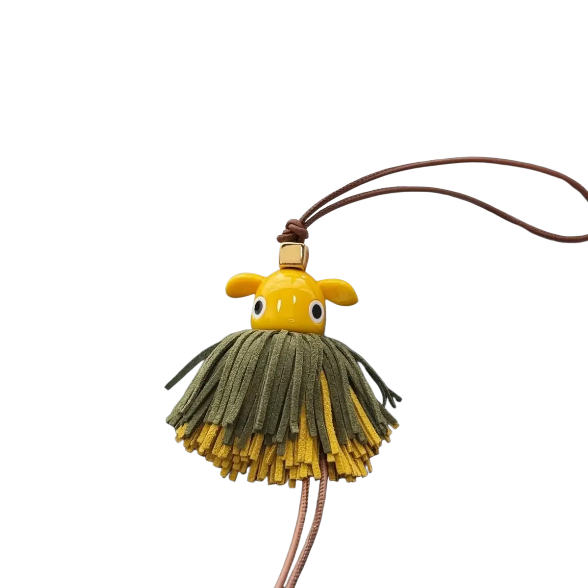Yellow ceramic cow-shaped leather animal bag charm with olive and mustard green suede tassel keychain