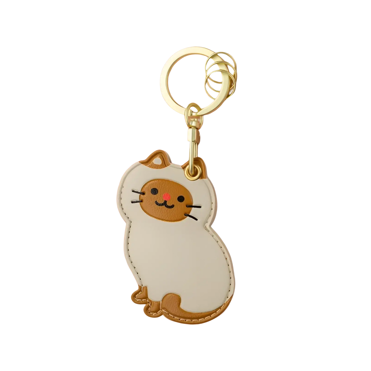A cute cream and tan leather cat keychain with stitched details and a gold-tone metal ring bag charm