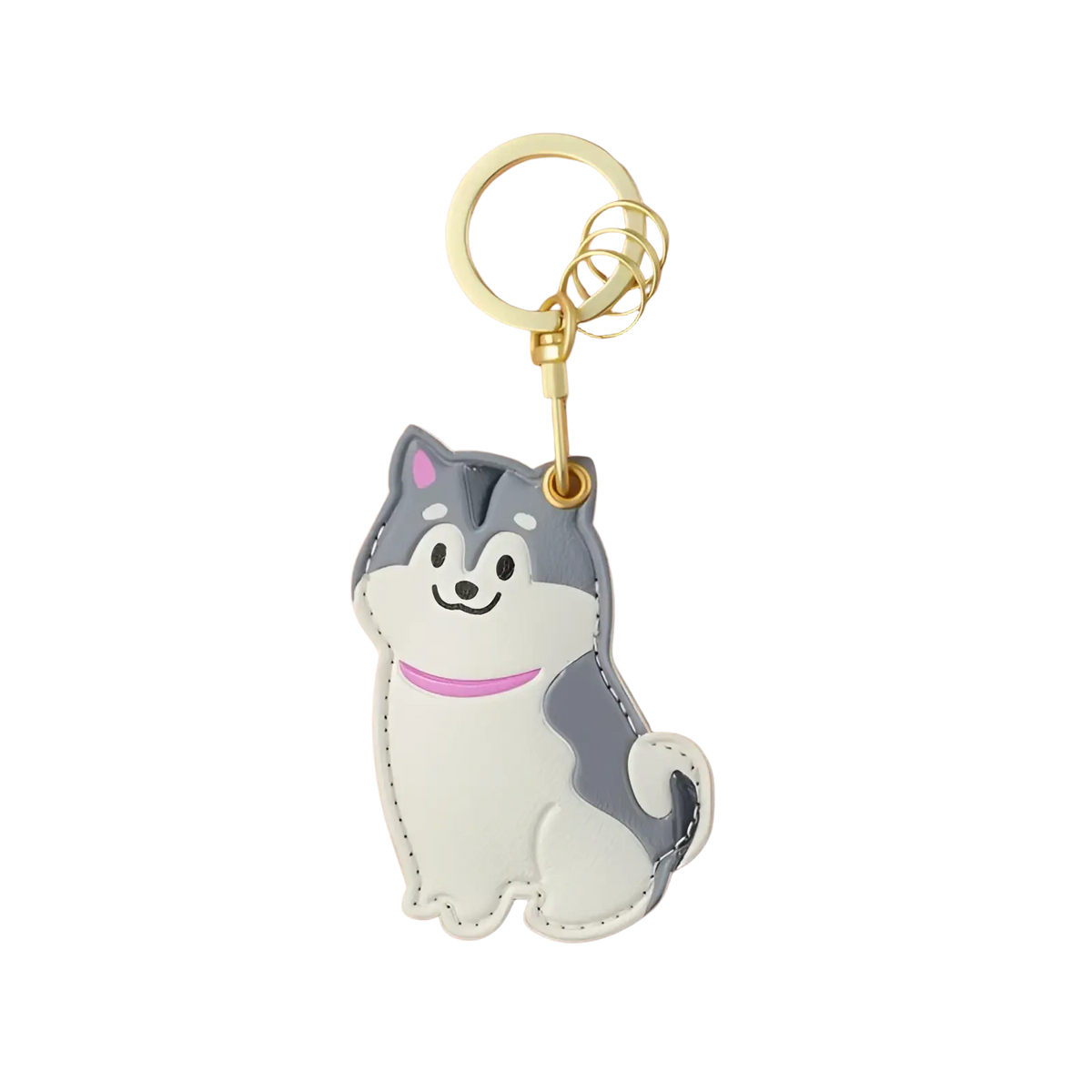Leather animal keychain cute husky puppy with gray and white stitched leather and pink collar bag charm