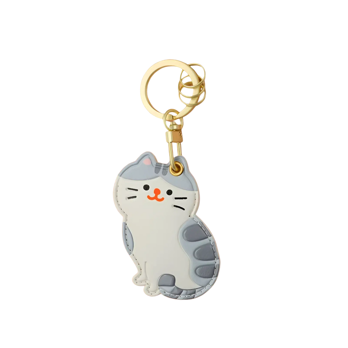 Leather animal keychain cute gray and white cat bag charm with gold-colored metal ring for keys or bags
