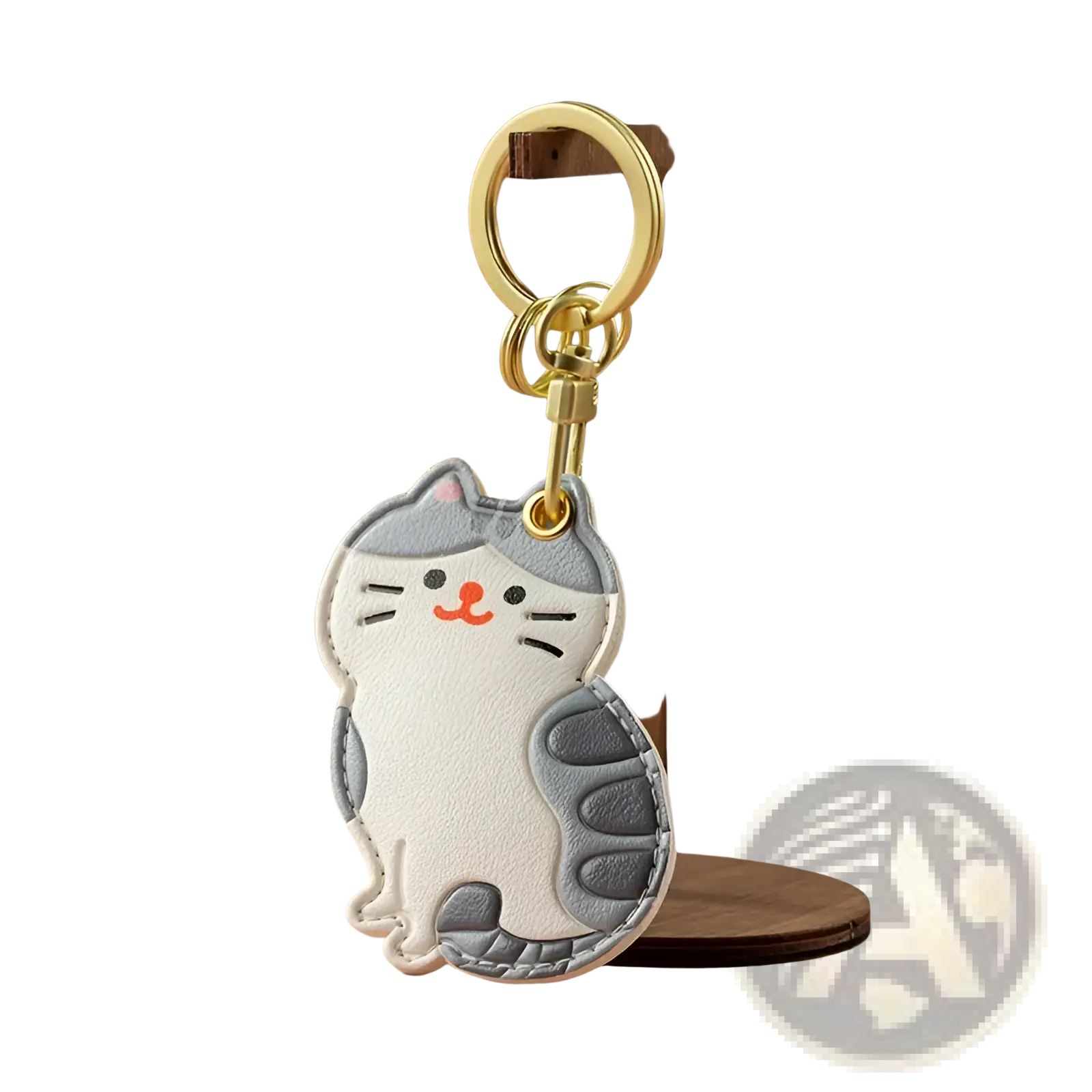 A charming gray and white leather cat-shaped keychain with gold-tone metal ring for bag charm use