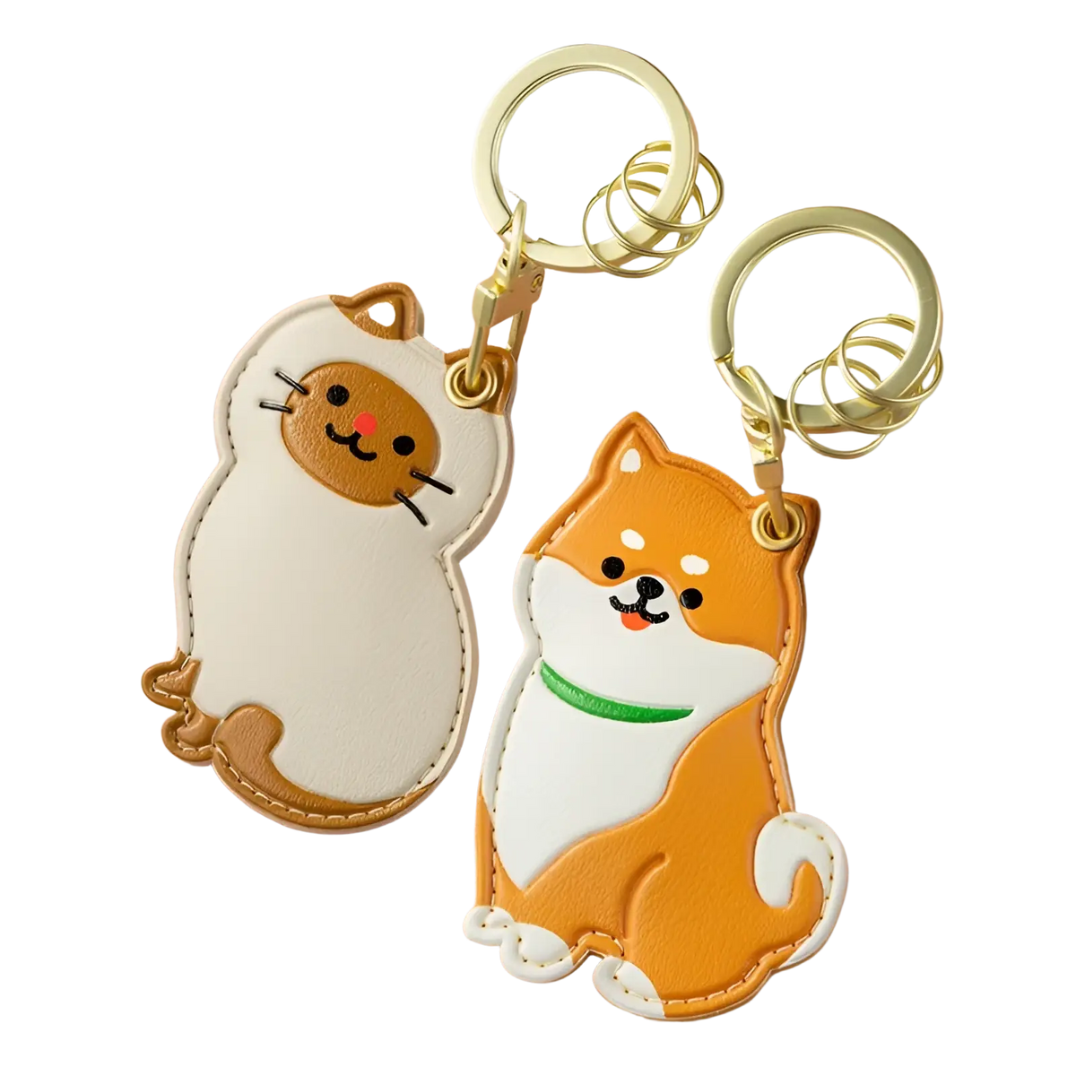 Leather animal keychain featuring a cute orange and white shiba inu puppy with green collar detail bag charm